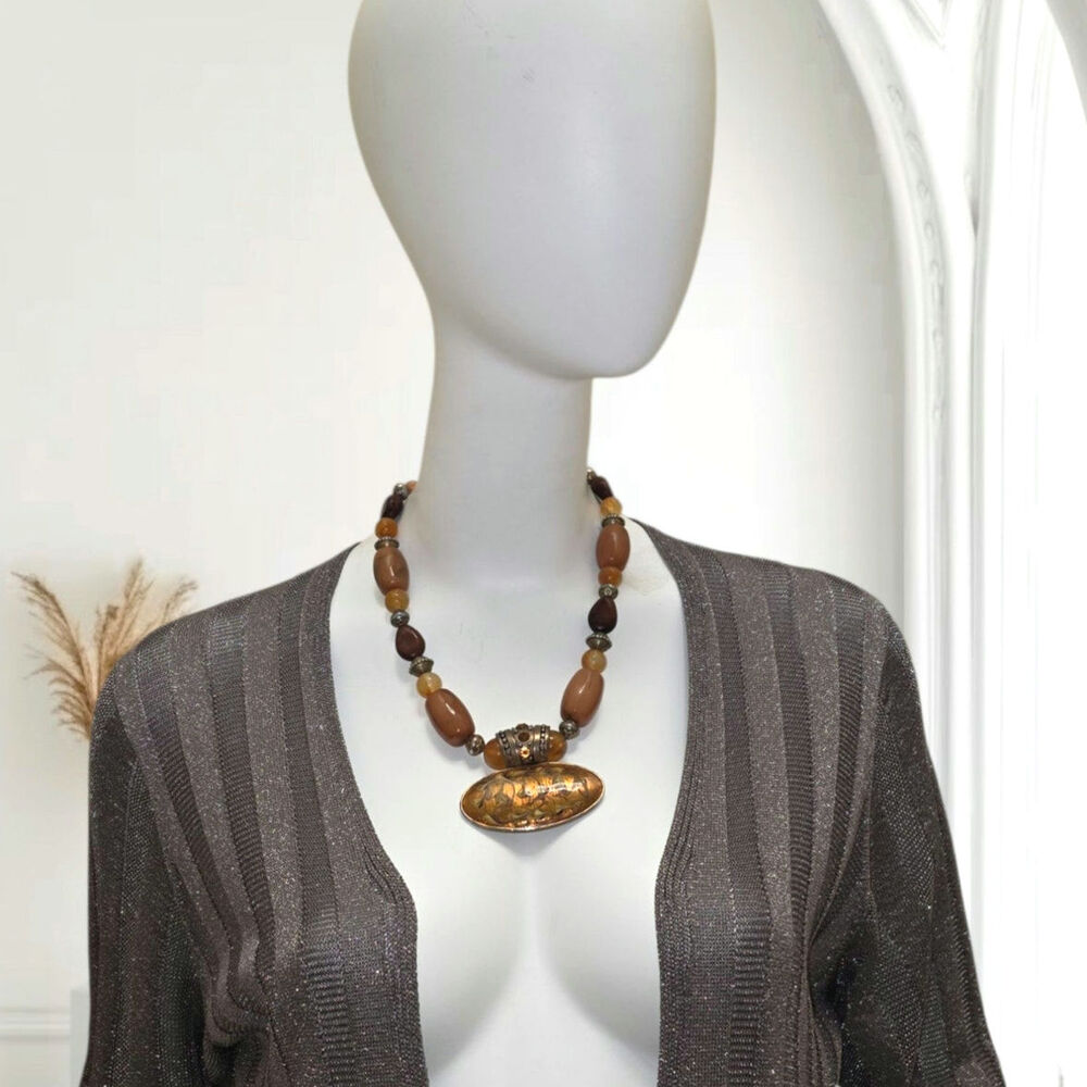 *Ethnic Earth-Tone Beaded Necklace | Tribal Statement Jewelry - Picture 5 of 5